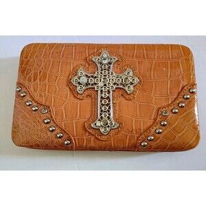Hananel Wallet Clutch Rhinestone Cross Tan Croc Print Check Book Cover Snap New